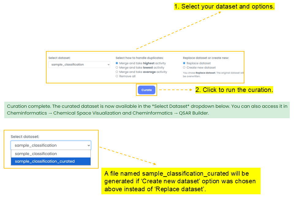 Curator screen showing dataset selection and curation options